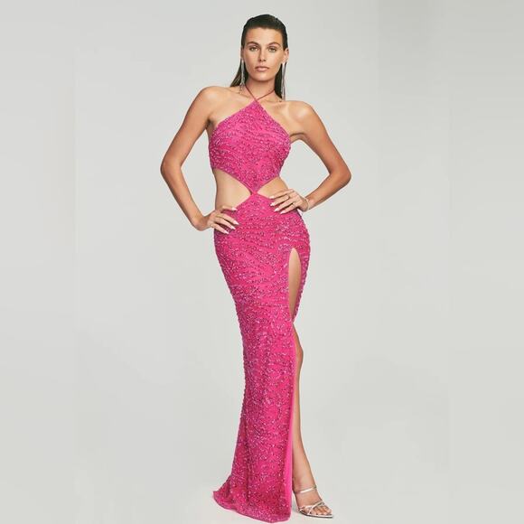 RETROFETE Hendrix Sequin Tiger Stripe Dress Fuchsia Pink Beaded Cutouts Maxi NEW - Picture 5 of 10